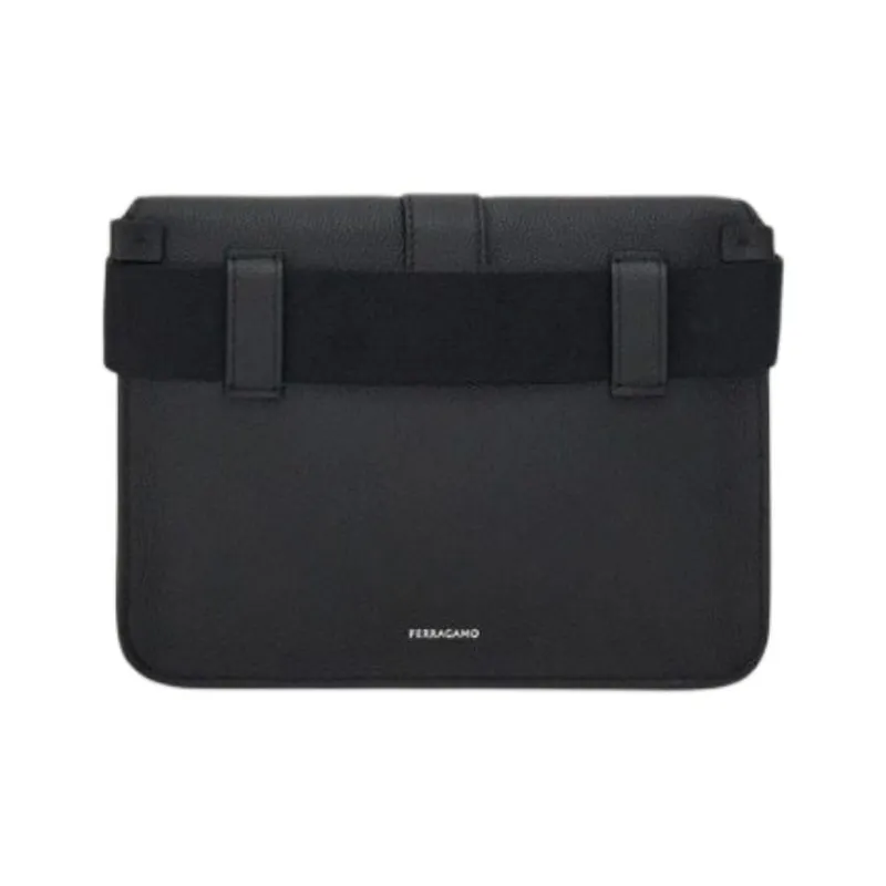FERRAGAMO GANCINI Hammered Texture Calfskin Fanny Pack Men's Black-1