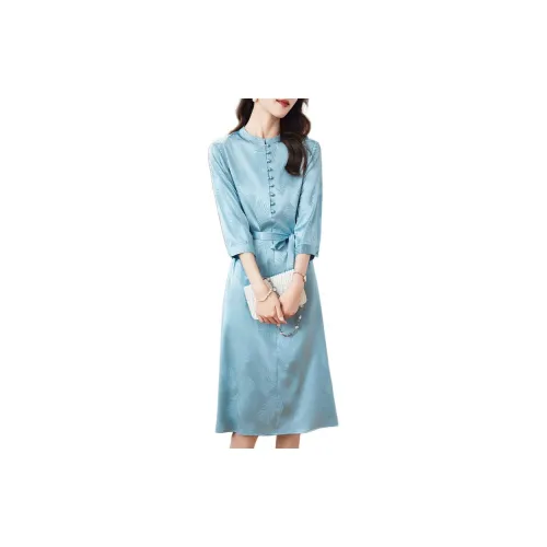 Yi Mengyuan Long-Sleeved Dresses Women's Sea Blue