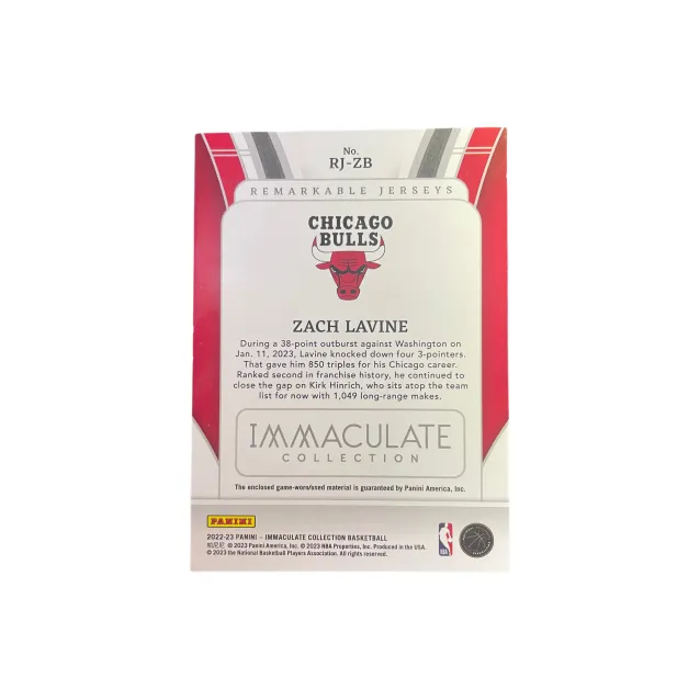 PANINI Zach LaVine 2022 23 Immaculate Bulls, Game Worn Jersey Cut, Material Card 34/99 Sports Cards 1 Pc-1