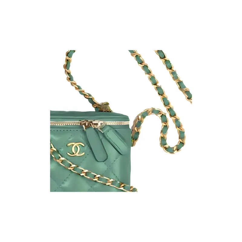 CHANEL Lambskin Chain Box Bag, One Shoulder Makeup Bag, Crossbody Bag Trumpets Women's Blue Green/Peacock Green Color-1