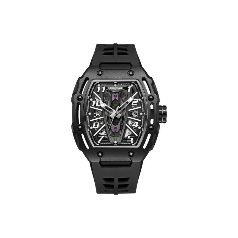 FAIRWHALE Starlight Collection Men's Watch Mechanical Movement Silicone Strap Watch Men's Watches Black Dial-0