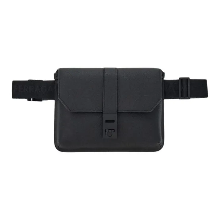FERRAGAMO GANCINI Hammered Texture Calfskin Fanny Pack Men's Black-0