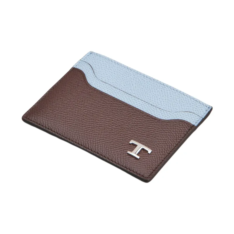 TOD'S Calfskin Card Holder Men's Brown & Sky Blue-2