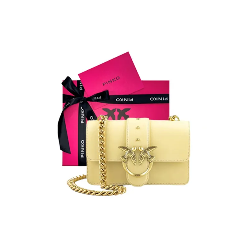 PINKO SIMPLY Grain Leather Swallow Bag, Chain Bag, Crossbody Bag, Shoulder Bag Mini Women's Beige Yellow-5