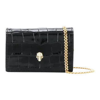 Alexander McQueen Crocodile Pattern Cow Leather Clamp Shoulder Crossbody Bag Women's Black