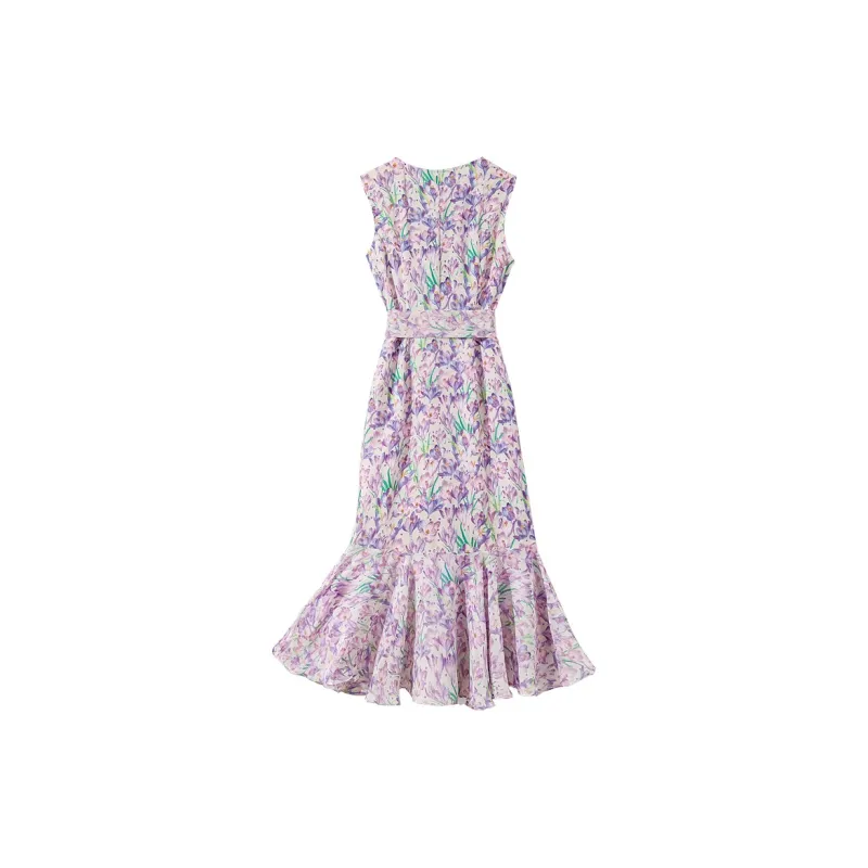 Cypress House Sleeveless Dress Women's Beige Purple Flower-1