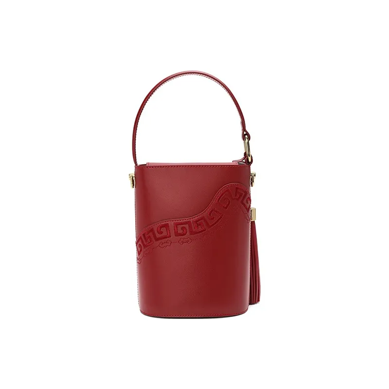 Ancient Yi Xi Cow Leather Bucket Bag, Crossbody Bag, Handbag Women's Vintage Red-2