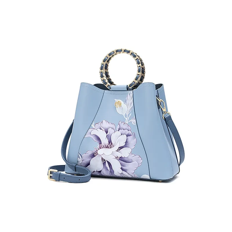 Ancient Yi Xi Cow Leather Elegant Mom Commute Crossbody One Shoulder Handbag Women's Sunny Mountain Blue-1