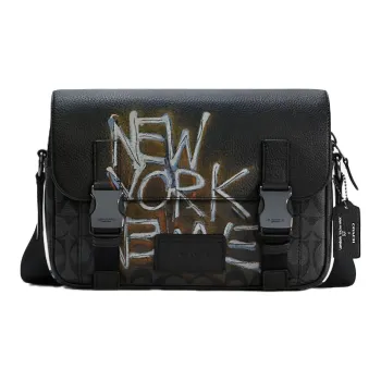 COACH Basquiat Collaboration Track Leather Shoulder Bag Crossbody Bag Large Size Men's Black