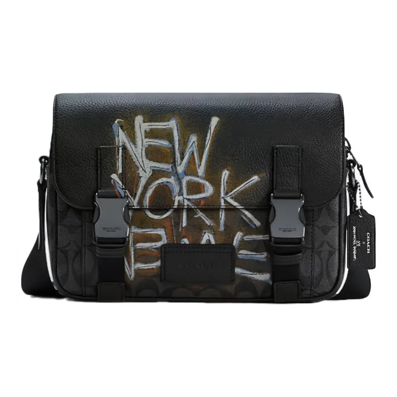 COACH Basquiat Collaboration Track Leather Shoulder Bag Crossbody Bag Large Size Men's Black-0