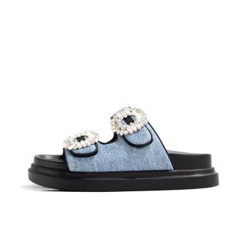 Old Meow Square Diamond Cowboy Thick Sole Slide Slippers 4cm Women's Blue