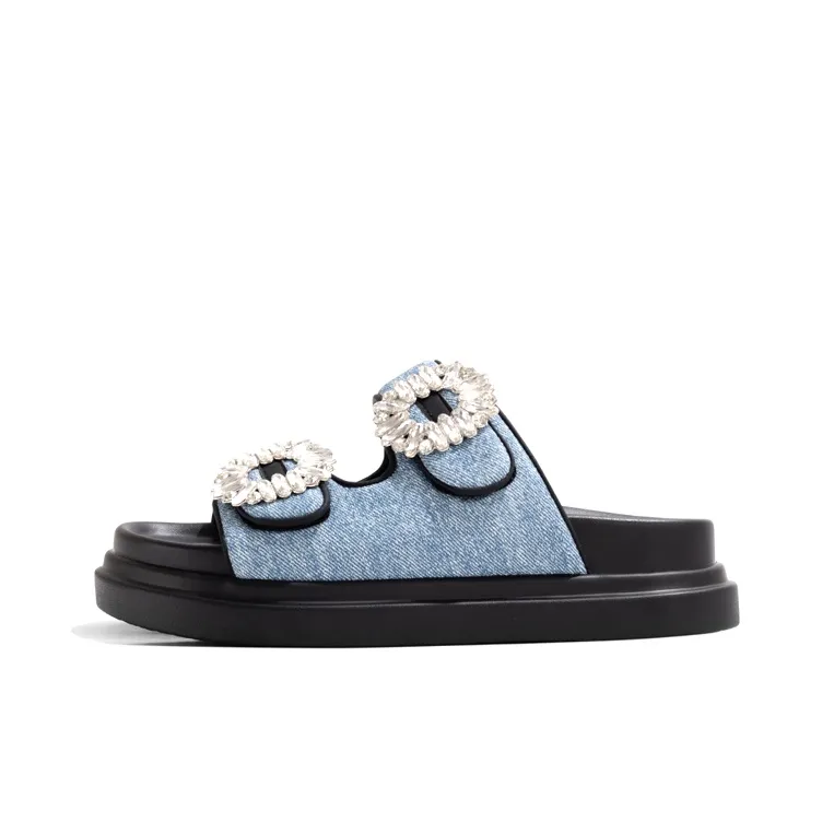 Old Meow Square Diamond Cowboy Thick Sole Slide Slippers 4cm Women's Blue-0
