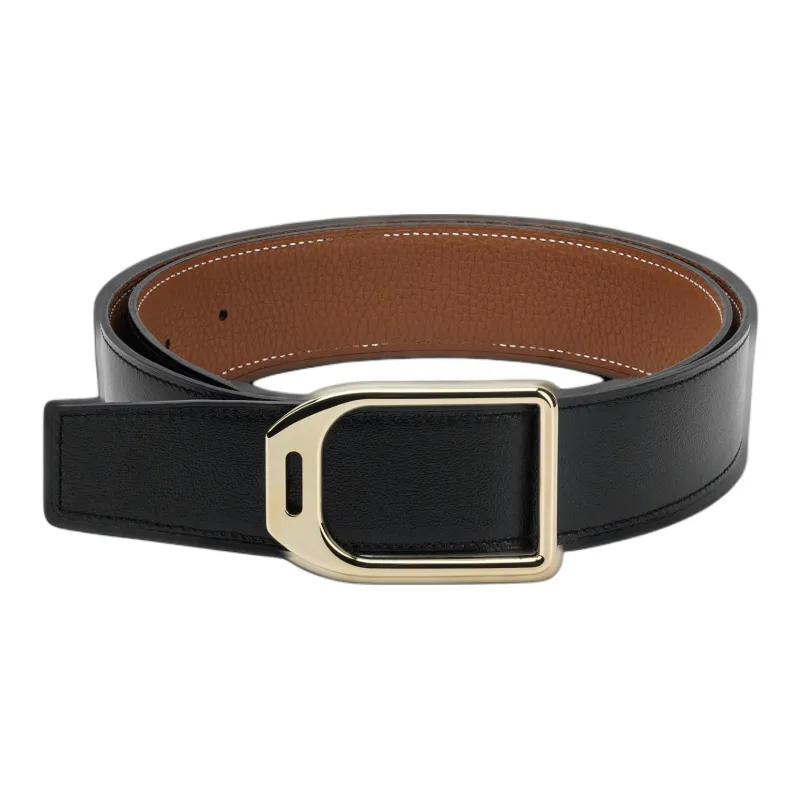 HERMES Jockey Metal Leather Belts Men's Black Width 3.8cm-1