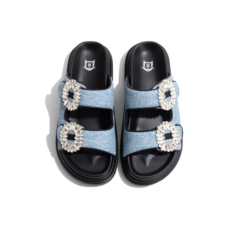 Old Meow Square Diamond Cowboy Thick Sole Slide Slippers 4cm Women's Blue-4