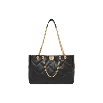 Geshiman Top Grain Cow Leather Shoulder Bag Large Size Women's Black/Ecru