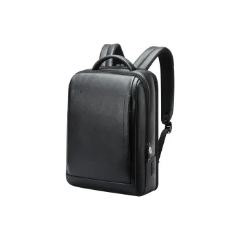 BOPAI Top Grain Cow Leather Backpack Laptop Backpack Regular Men's Black