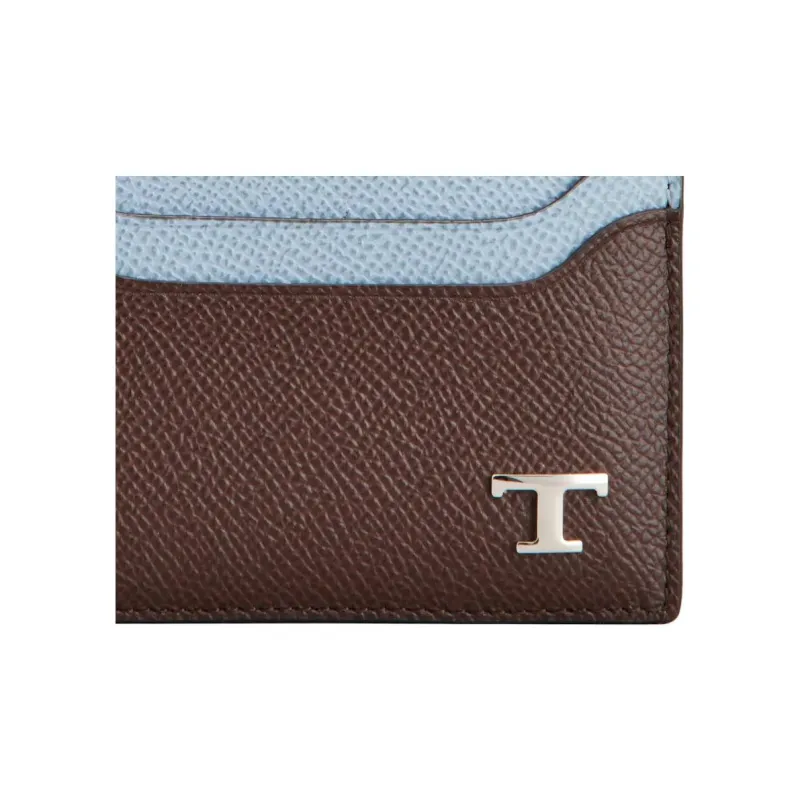 TOD'S Calfskin Card Holder Men's Brown & Sky Blue-3