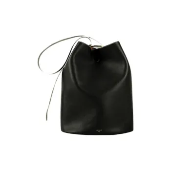 APEDE MOD Top Grain Cow Leather Bucket Bag Portable Crossbody Bag Shoulder Bag Women's Black With Rose Pink
