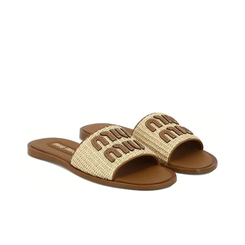 MIU MIU Logo patch Raffia Slides-2