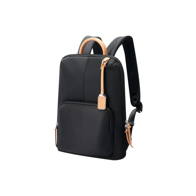 BOPAI Top Grain Cow Leather Fabric Backpack Laptop Bags Regular Unisex Black/Pink-0