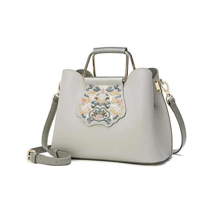 Ancient Yi Xi Cow Leather Middle Aged Mother Cheongsam One Shoulder Handbag Women's Jade Hairpin Asphalt Gray-1