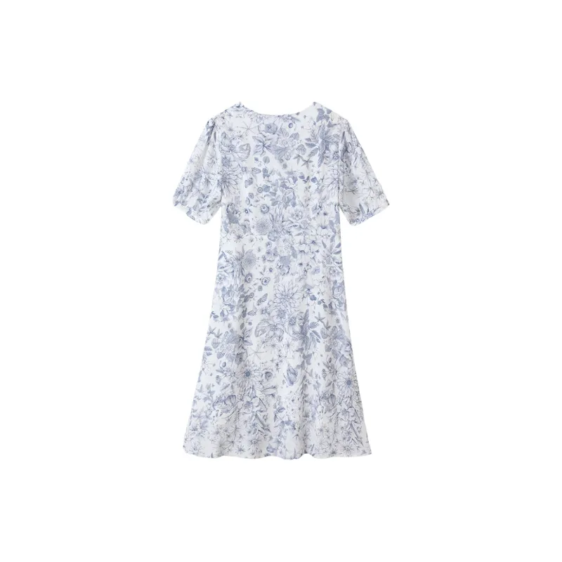 H YXIANG Short Sleeved Dresses Women's Blue Floral-1