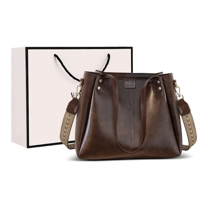 VINEY Synthetic Leather Portable One Shoulder Crossbody Tote Bag, Shopping Bag Large Size Women's Coffee-0