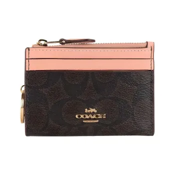 COACH Canvas Leather Card Holder Mini Women's Dark Brown & Shell Pink