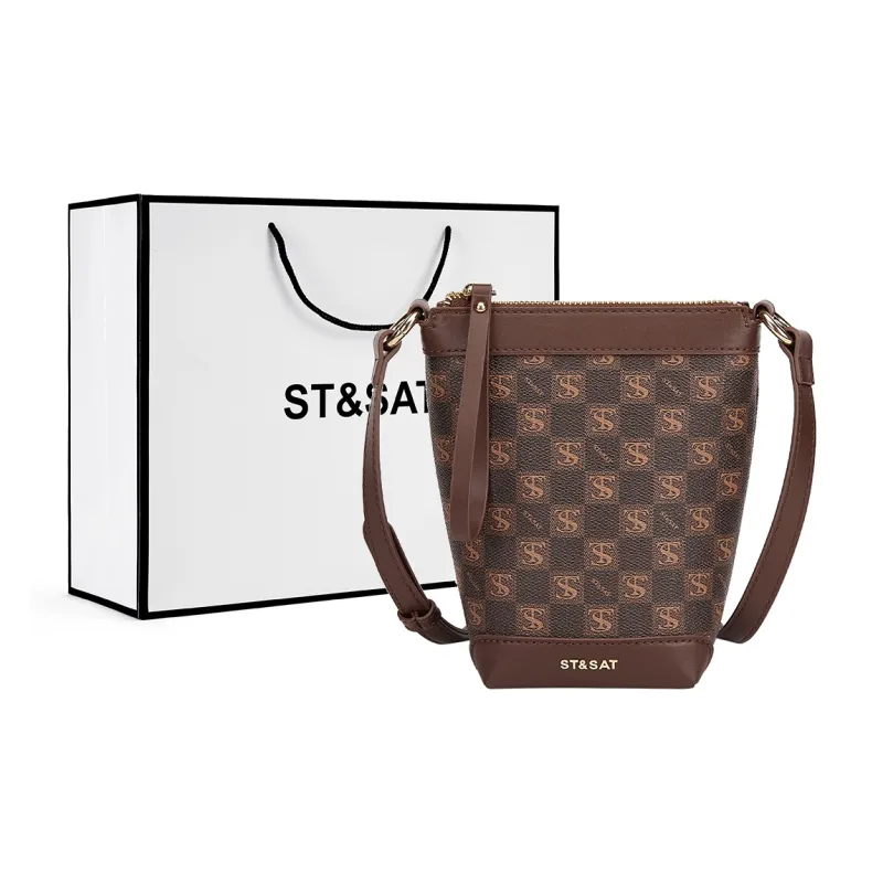 ST&SAT PVC Cell Phone Pouch Bucket Bag Shoulder Bag Crossbody Bag Small Size Women's Khaki/Coffee-4