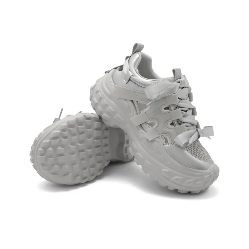 BELLE Slip Resistant, Abrasion Resistant, Breathable, Lightweight Low Top Chunky Sneakers Women's Beige, Silver-10