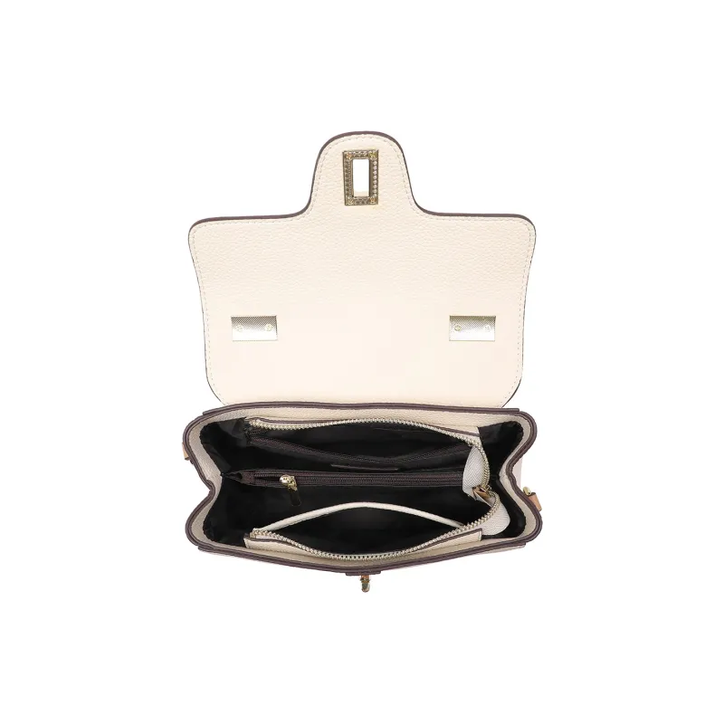 PT'SON Cow Leather With Synthetic Leather Handbag, Shoulder Bag Regular Women's White & Apricot-3