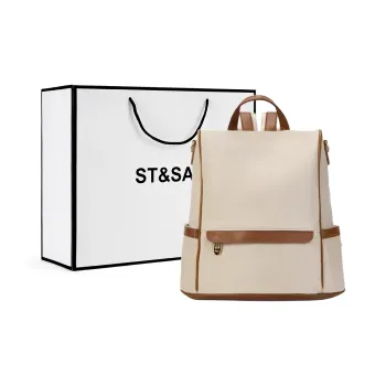 ST&SAT Fabric Cow Leather Patchwork Backpack Large Size Women's Milk Tea Apricot/Elegant Black