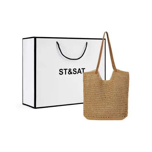 ST&SAT Fabric Shoulder Strap Handbag Shoulder Bag Large Size Women's Elegant White/Khaki