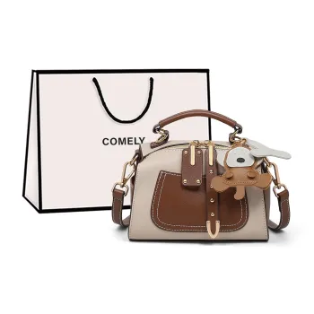 COMELY Cow Leather Patchwork Synthetic Leather Handbag Crossbody Bag Shoulder Bag Regular Women's White Peach Milk Foam
