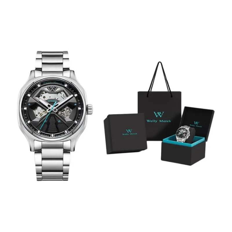 Welly Merck Automatic Mechanical Movement Stainless Steel Strap Watch Men's Watches Cut-Out Dial-6