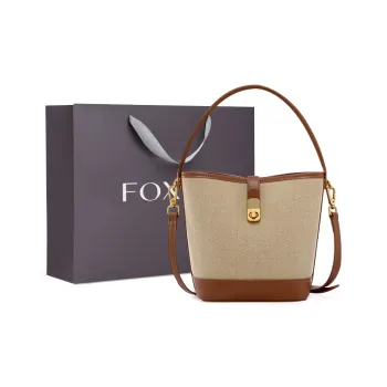 FOXER Fabric Casual Bucket Bag Advanced Crossbody Bag Elegant Summer Travel Handbag Large Size Women's Ecru/Brown