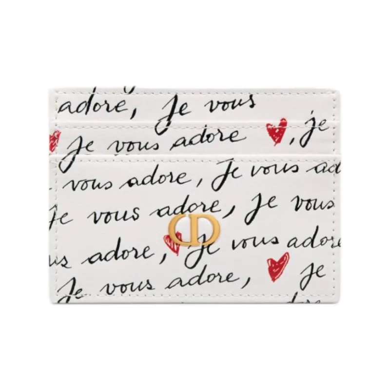 DIOR Calfskin Card Clip Card Holder Women's White & Black & Red-0