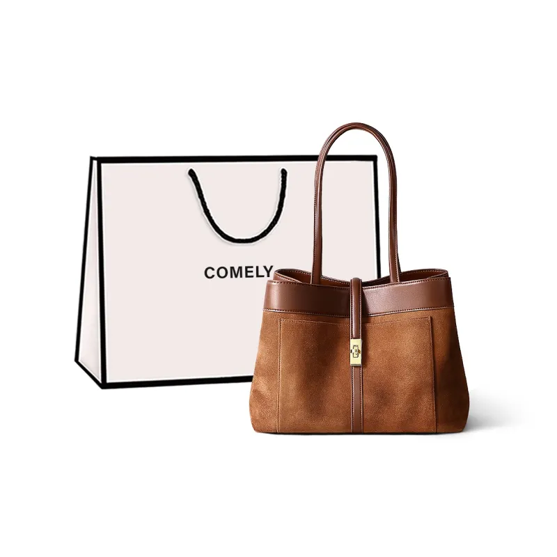 COMELY Cow Leather Patchwork Synthetic Leather Tote Bag Shopping Bag Handbag Shoulder Bag Medium Size Women's Brown-0