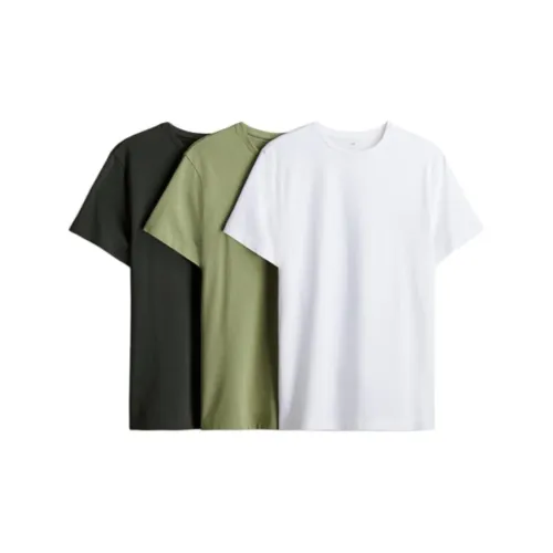 H&M T-Shirts Men 3 Pieces Set White + Sage Green + Black