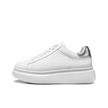 THOM WILLS Casual Versatile Cow Leather White Sneakers Low Top Skateboard Shoes Women's White Silver Tail