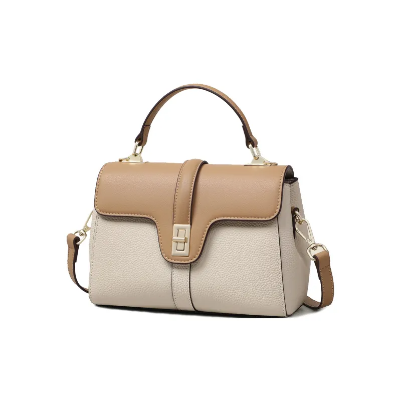 PT'SON Cow Leather With Synthetic Leather Handbag, Shoulder Bag Regular Women's White & Apricot-2