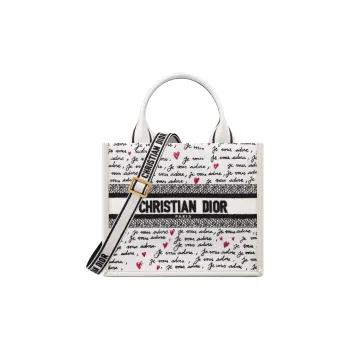 DIOR Cow Leather With Canvas Tote Shoulder Bag Crossbody Bag Handbag Small Size Women's White & Black & Red