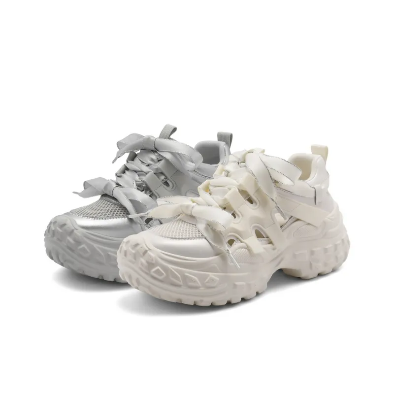 BELLE Slip Resistant, Abrasion Resistant, Breathable, Lightweight Low Top Chunky Sneakers Women's Beige, Silver-5