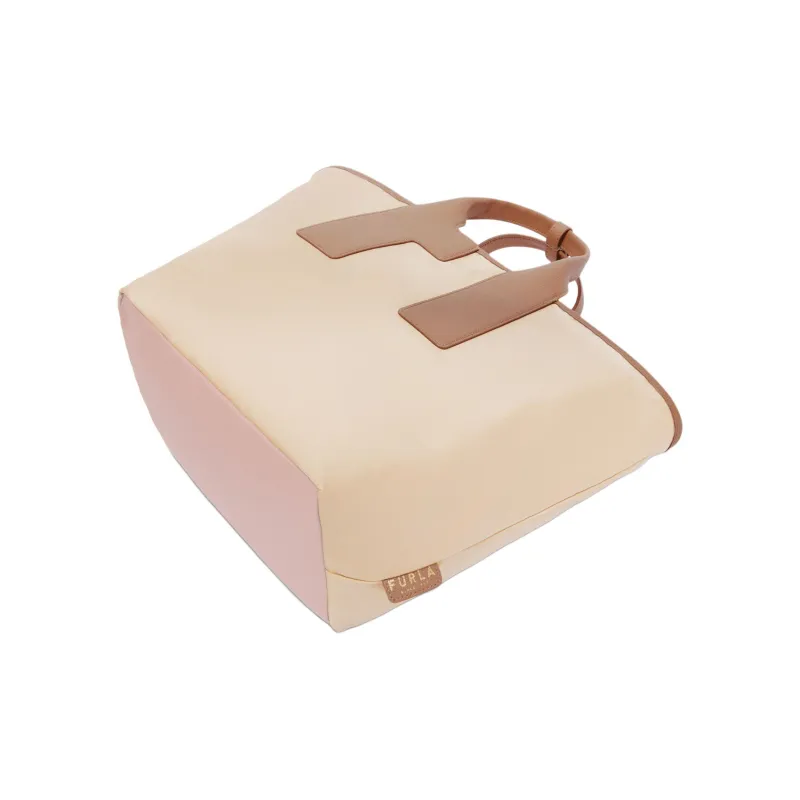 Furla Piuma Nylon And Leather Tote Bag Shopping Bag Shoulder Bag Crossbody Bag Handbag Women's Brown & Beige-2