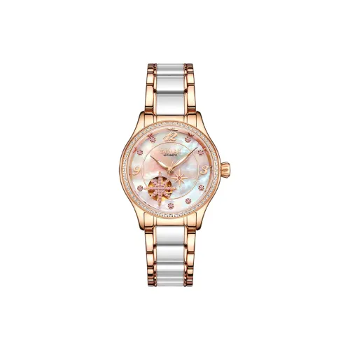 GEMAX Wrist Watch Automatic Mechanical Movement Ceramic Strap Watch Women's Watch Pink Watch Dial