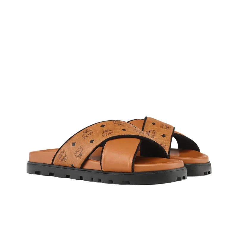 MCM Visetos Abrasion Resistant Slide Slippers Unisex Brown-1