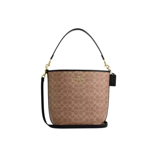 COACH City Signature Canvas Bucket Bags Shoulder Bag Crossbody Bag Handbag Large Size Women's Tan & Black