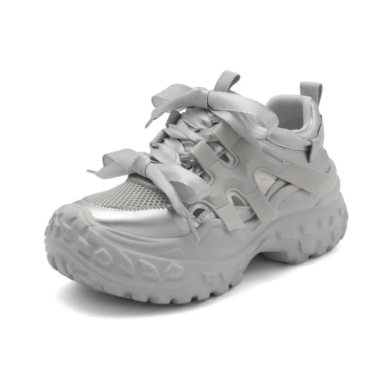 BELLE Slip Resistant, Abrasion Resistant, Breathable, Lightweight Low Top Chunky Sneakers Women's Beige, Silver-7