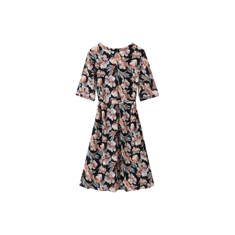 H-YXIANG Short-Sleeved Dresses Women's Black Background Watercolor Floral-1