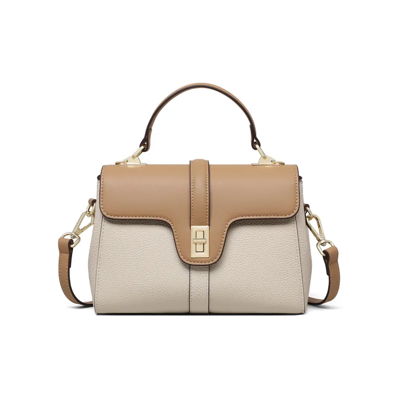 PT'SON Cow Leather With Synthetic Leather Handbag, Shoulder Bag Regular Women's White & Apricot-1